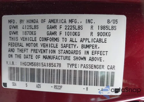 2005 Honda Accord 2.4 Ex from USA, damaged, VIN 1HGCM56815A185478